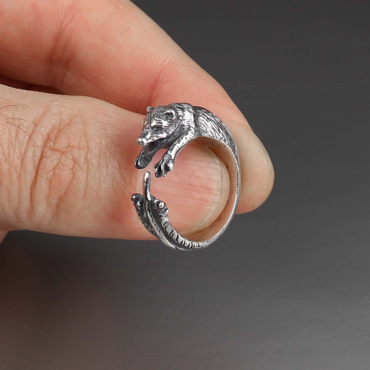 PRAYMOS Sterling Silver Raccoon Ring - Adjustable Thumb Ring For Women, Animal Theme, Size 7-9