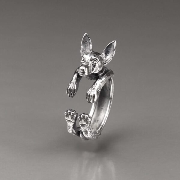 Sterling silver adjustable Rat Terrier Ring featuring a detailed dog design, suitable for sizes 5 to 12