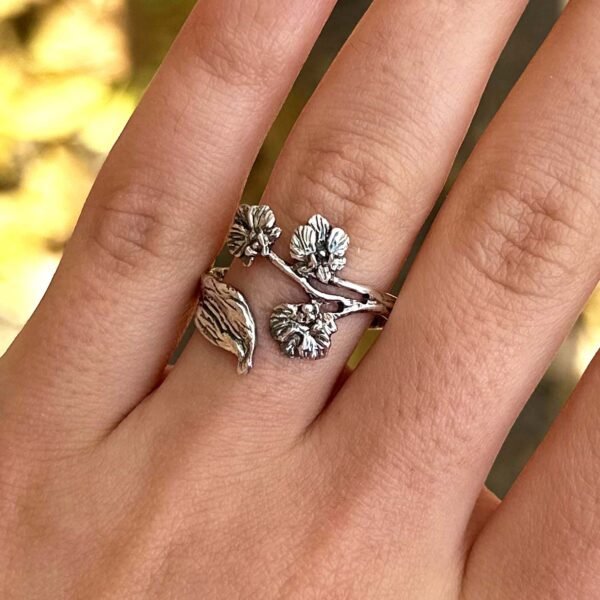Adjustable Sterling silver Orchid ring