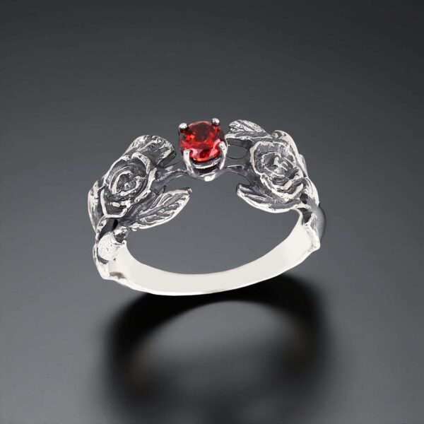Sterling Silver Rose Ring with Red Cubic Zirconia