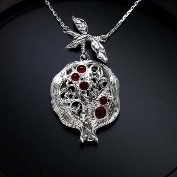 Sterling Silver Pomegranate Necklace with Red Gemstones