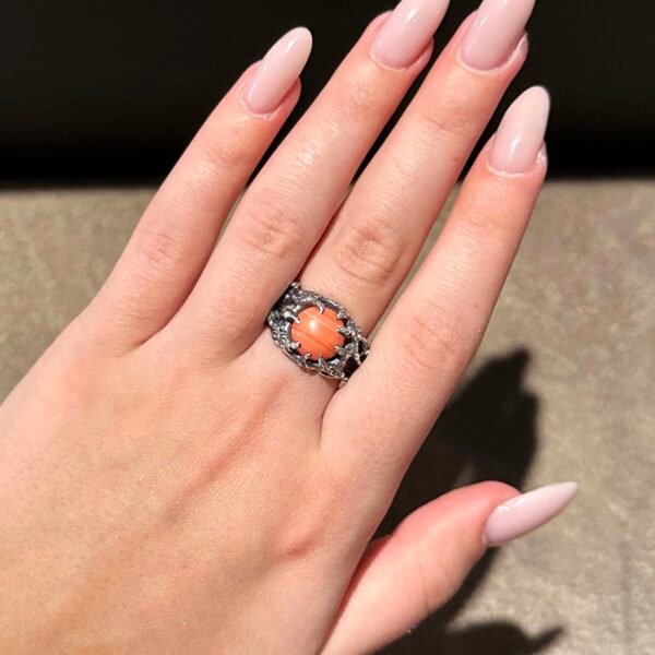 Forest Root Ring Sterling Silver with Pink Rhodochrosite