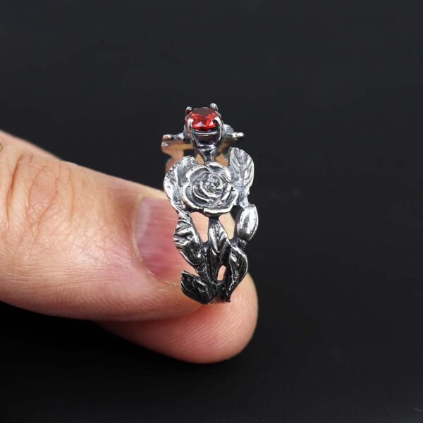 Sterling Silver Rose Ring with Red Cubic Zirconia