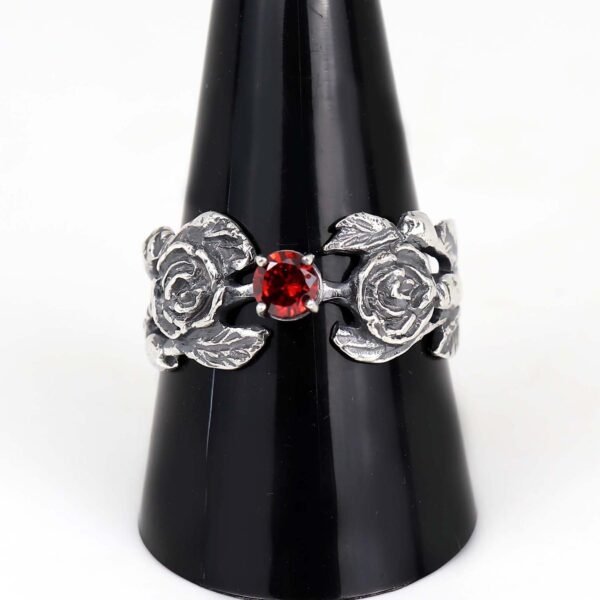 Sterling Silver Rose Ring with Red Cubic Zirconia