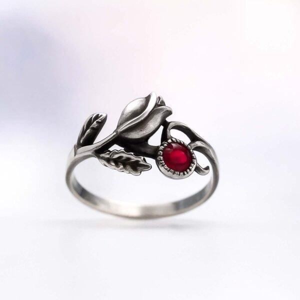 Sterling Silver Rose Ring with Red Cubic Zirconia