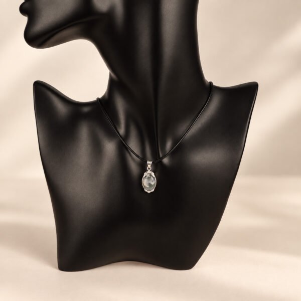 Sterling silver moss agate pendant necklace with black cord
