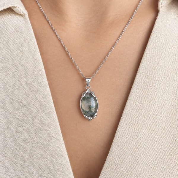 Sterling silver moss agate pendant necklace with silver chain