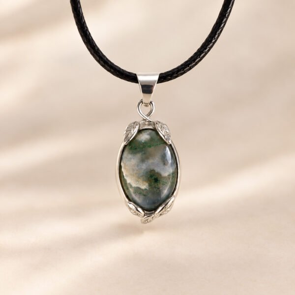 Sterling silver moss agate pendant necklace with black cord