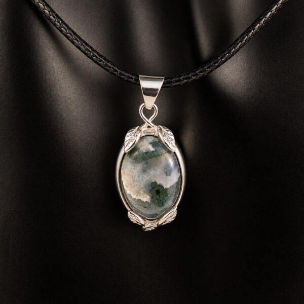 Sterling silver moss agate pendant necklace with black cord